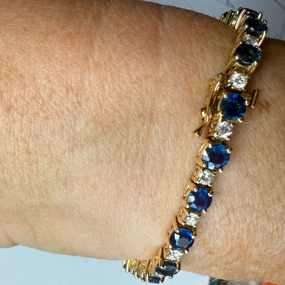 Elegant 14 Gold, Diamond, and Blue Gemstone Bracelet